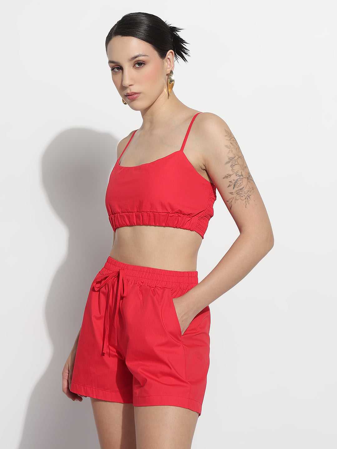 Women's Red Crop Top with Oversized Shirt and Shorts Co-ord Set