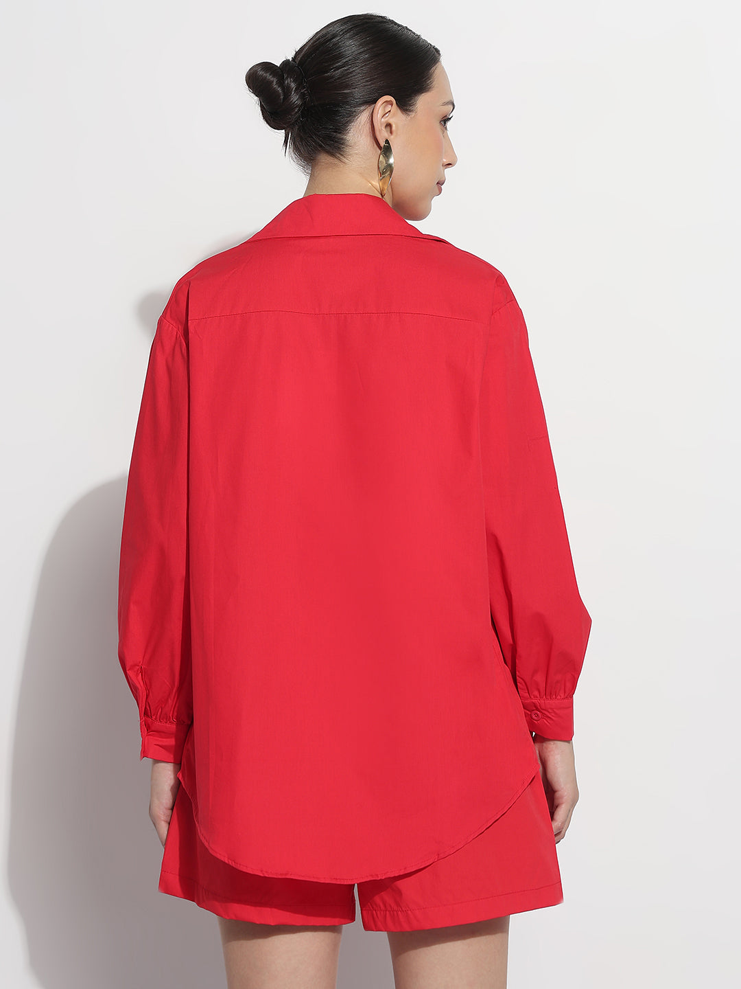 Women's Red Crop Top with Oversized Shirt and Shorts Co-ord Set