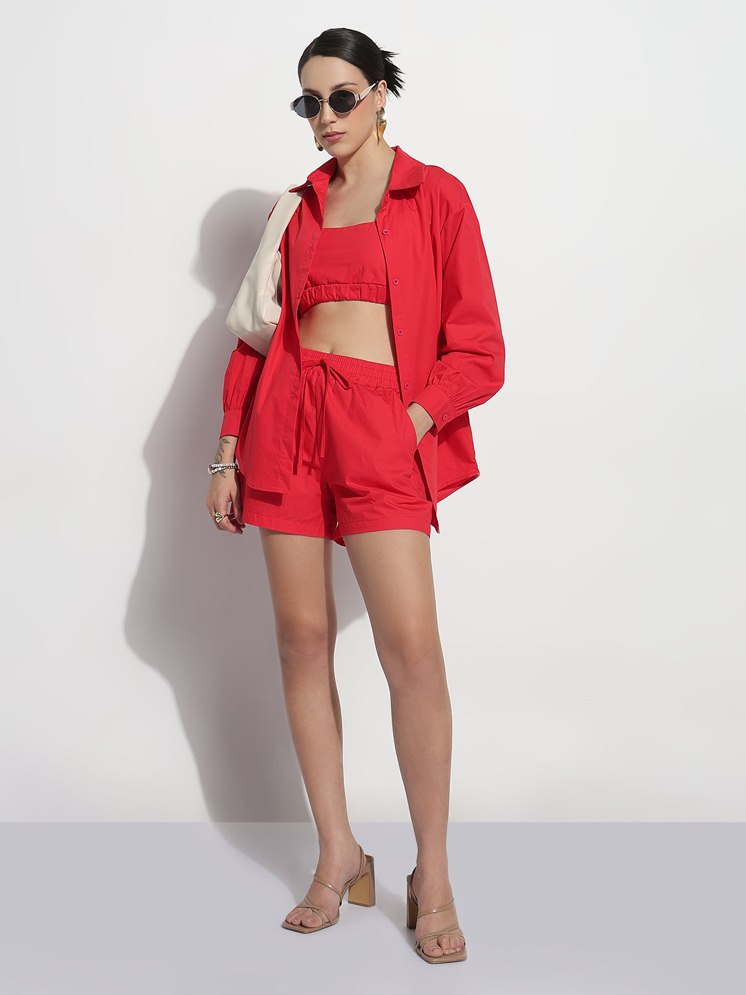 Women's Red Crop Top with Oversized Shirt and Shorts Co-ord Set