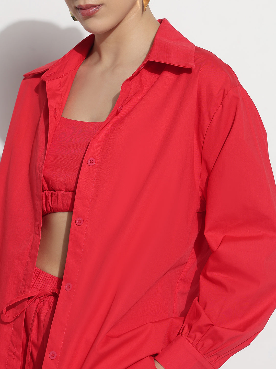 Women's Red Crop Top with Oversized Shirt and Shorts Co-ord Set