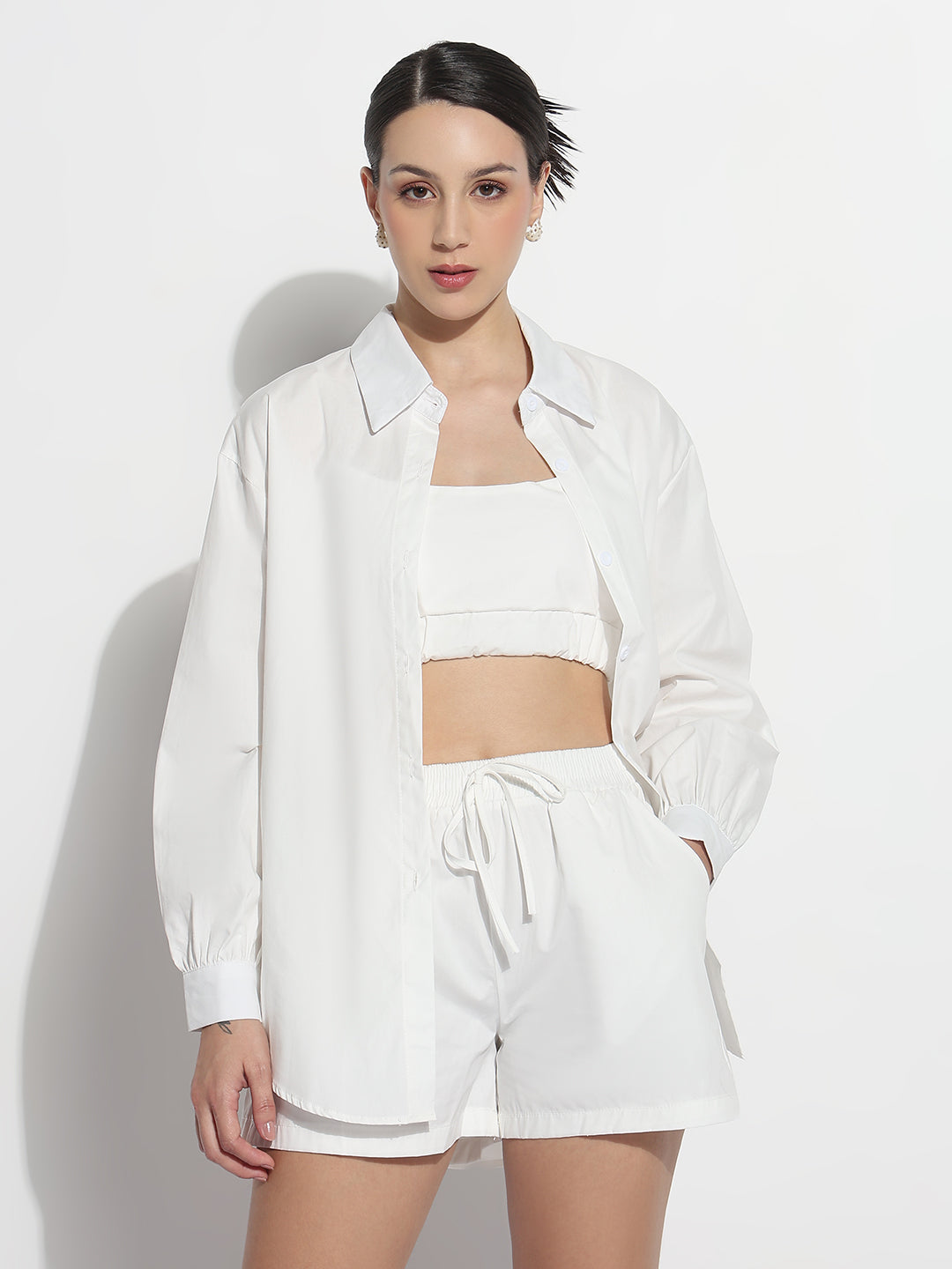 Women's White Crop Top with Oversized Shirt and Shorts Co-ord Set