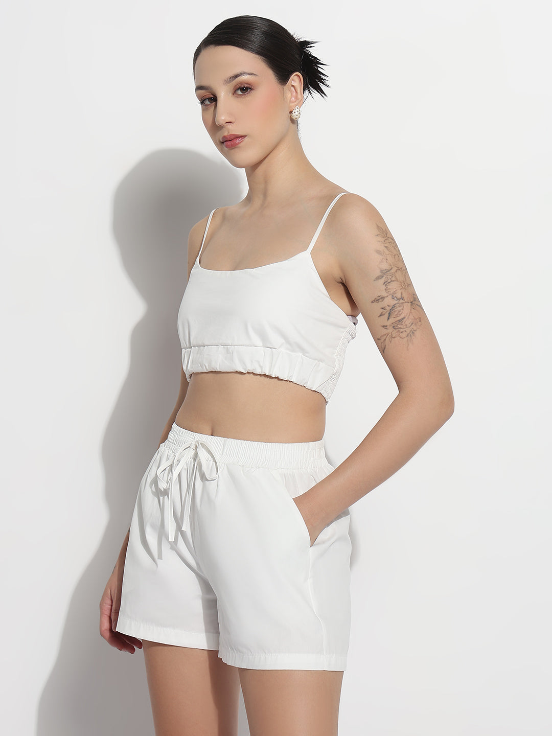 Women's White Crop Top with Oversized Shirt and Shorts Co-ord Set