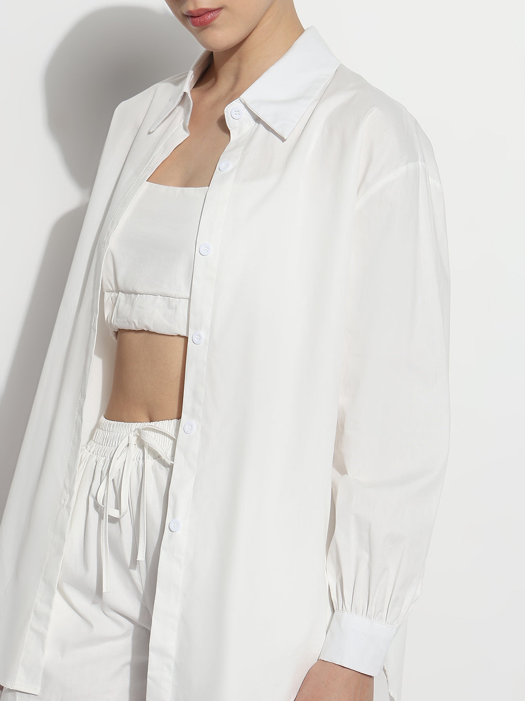 Women's White Crop Top with Oversized Shirt and Shorts Co-ord Set