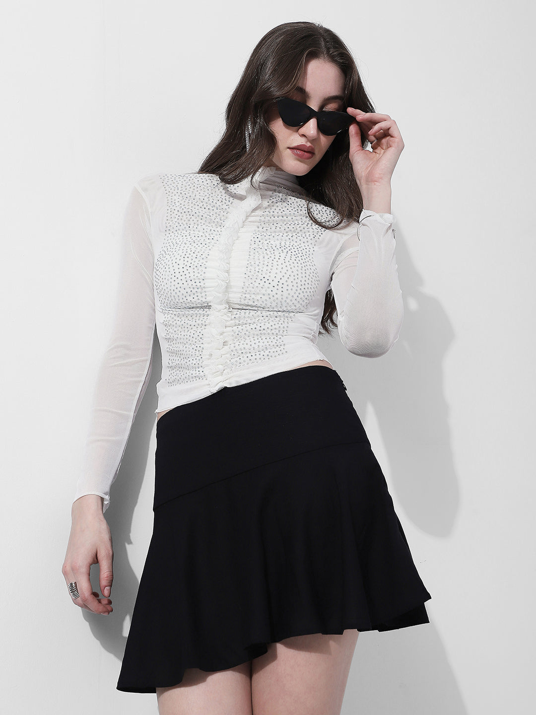 Women's Embellished White High Neck Mesh Top