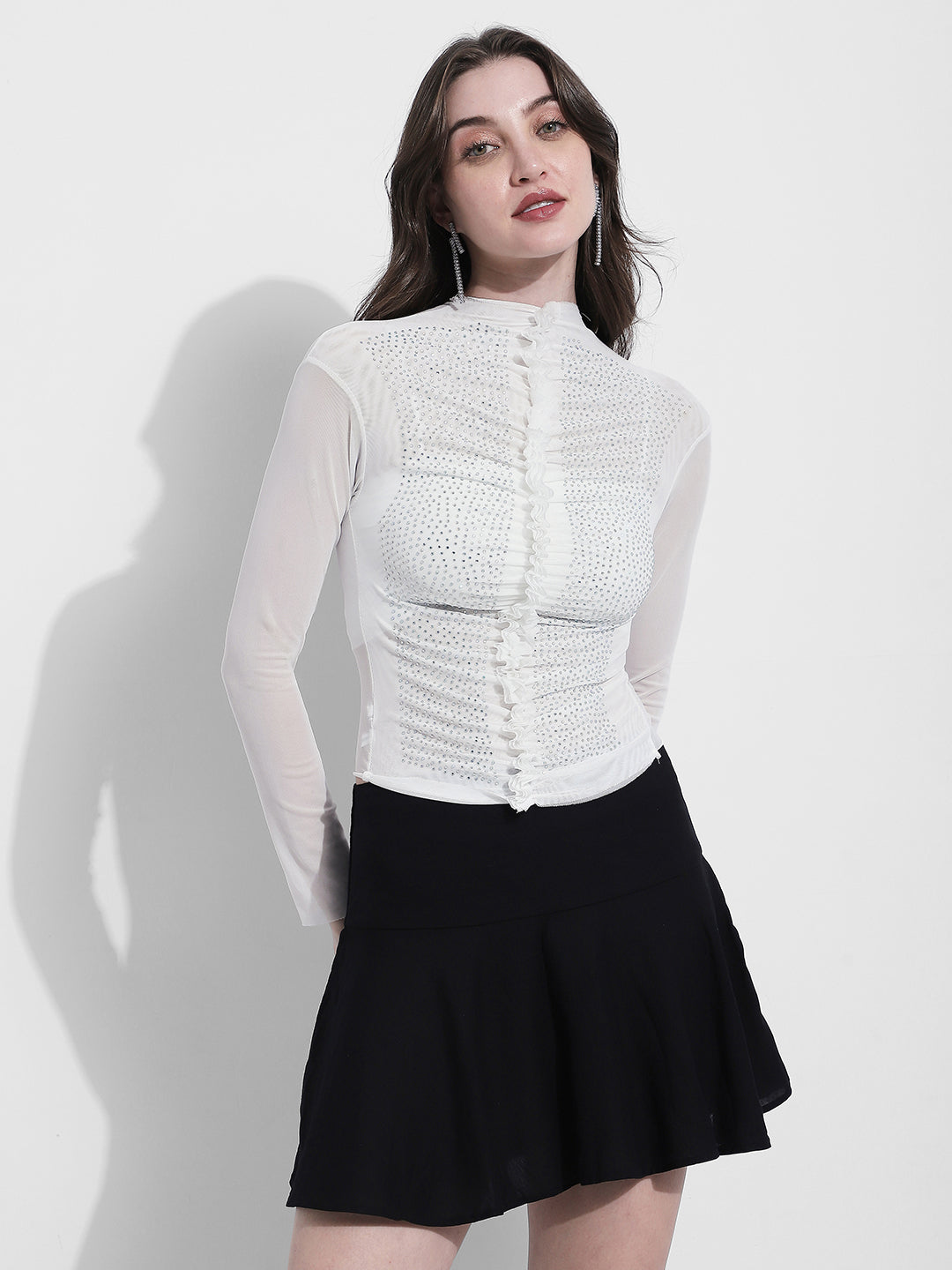 Women's Embellished White High Neck Mesh Top