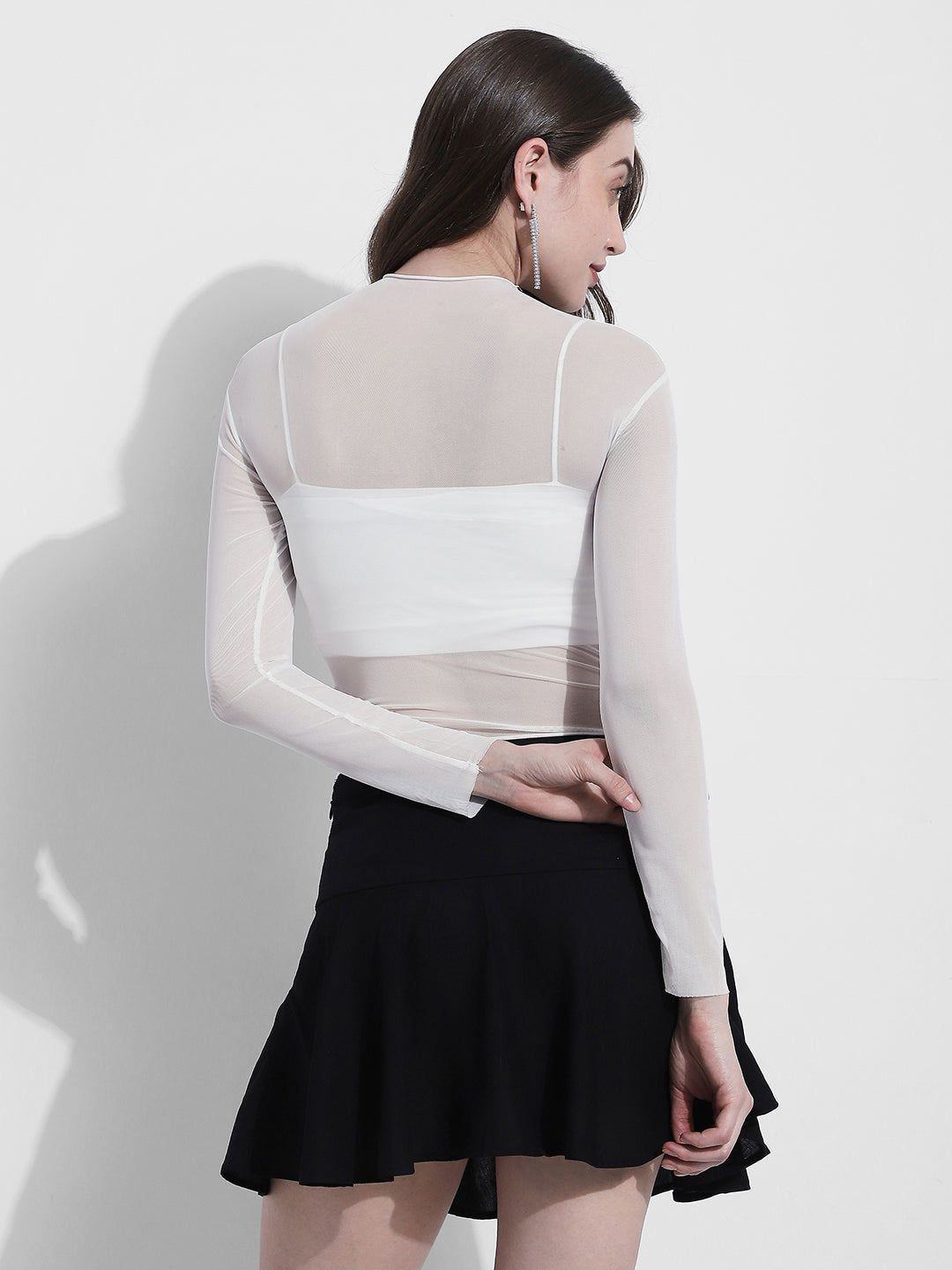 Women's Embellished White High Neck Mesh Top