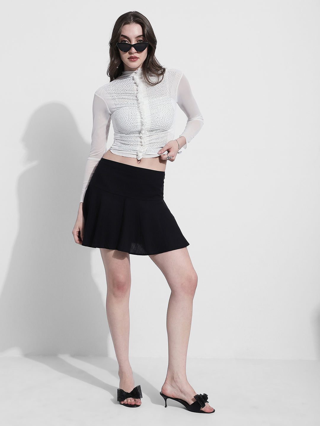 Women's Embellished White High Neck Mesh Top