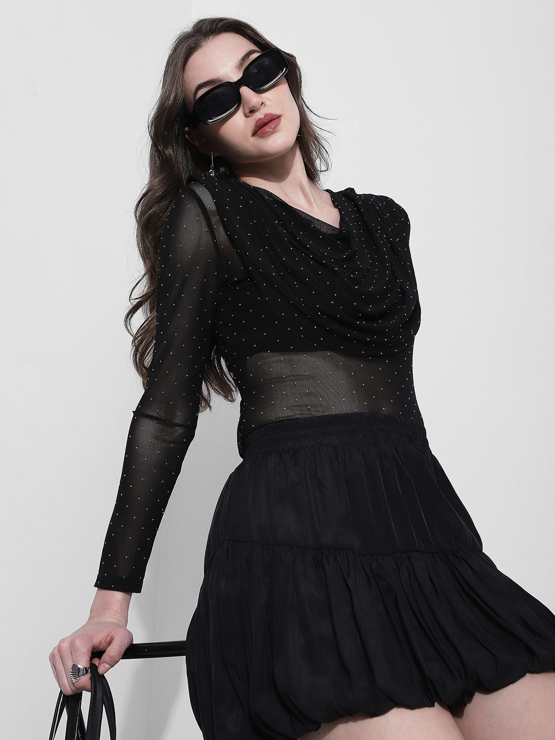 Women's Embellished Black Sheer Drape Neck Mesh Top