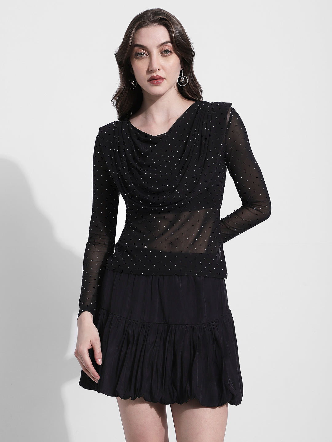 Women's Embellished Black Sheer Drape Neck Mesh Top