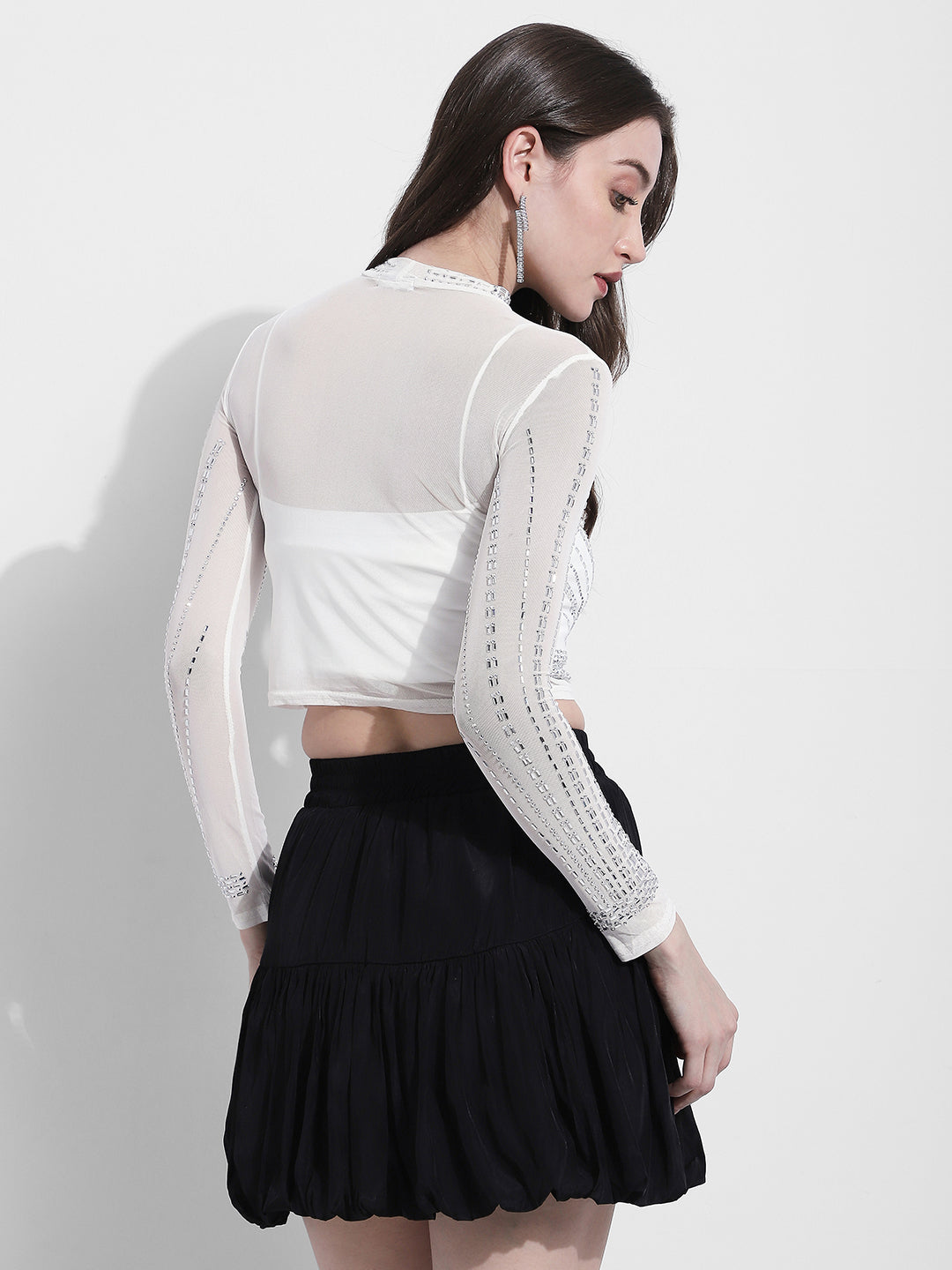 Women's Embellished White Mesh Crop Top