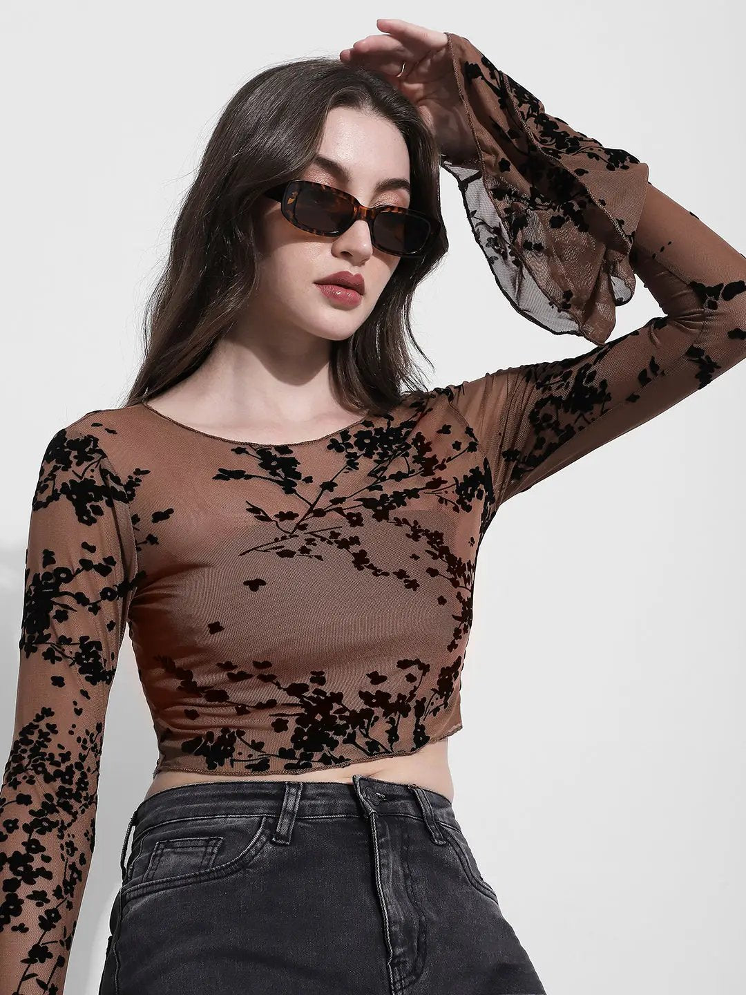 Women's Brown Floral Flocked Bell Sleeve Mesh Top - from SHOWOFFFF
