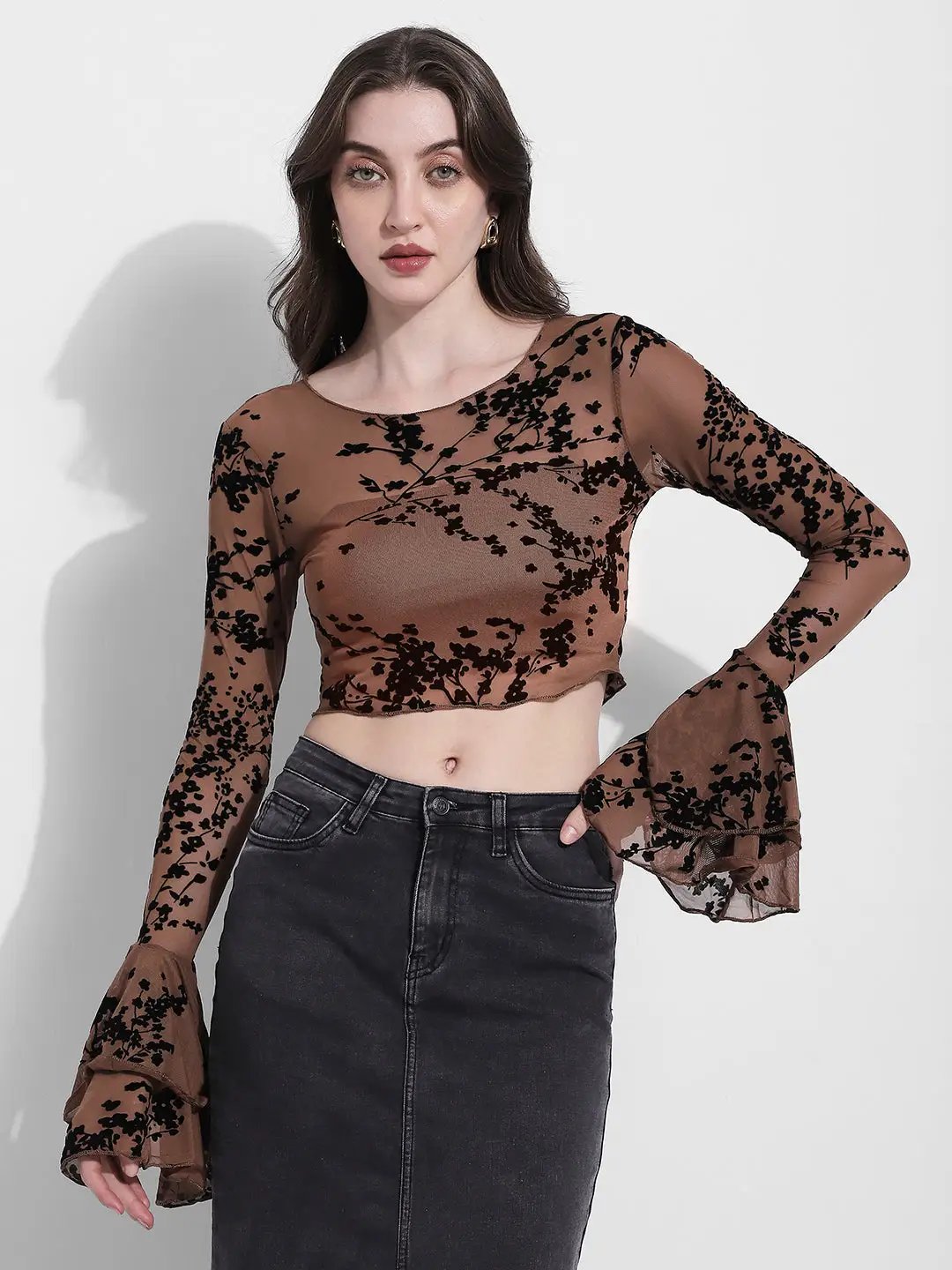 Women's Brown Floral Flocked Bell Sleeve Mesh Top - from SHOWOFFFF