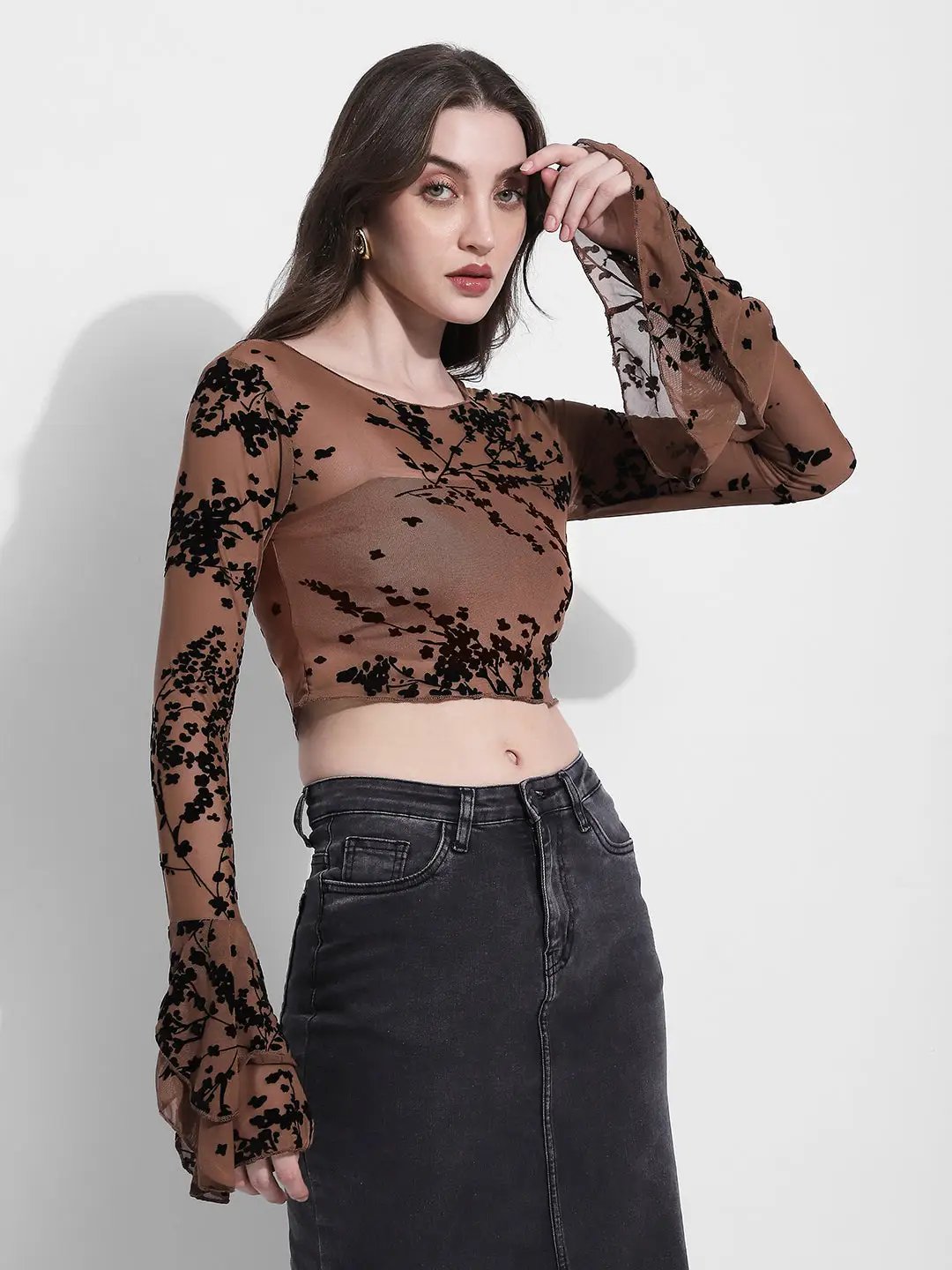 Women's Brown Floral Flocked Bell Sleeve Mesh Top - from SHOWOFFFF
