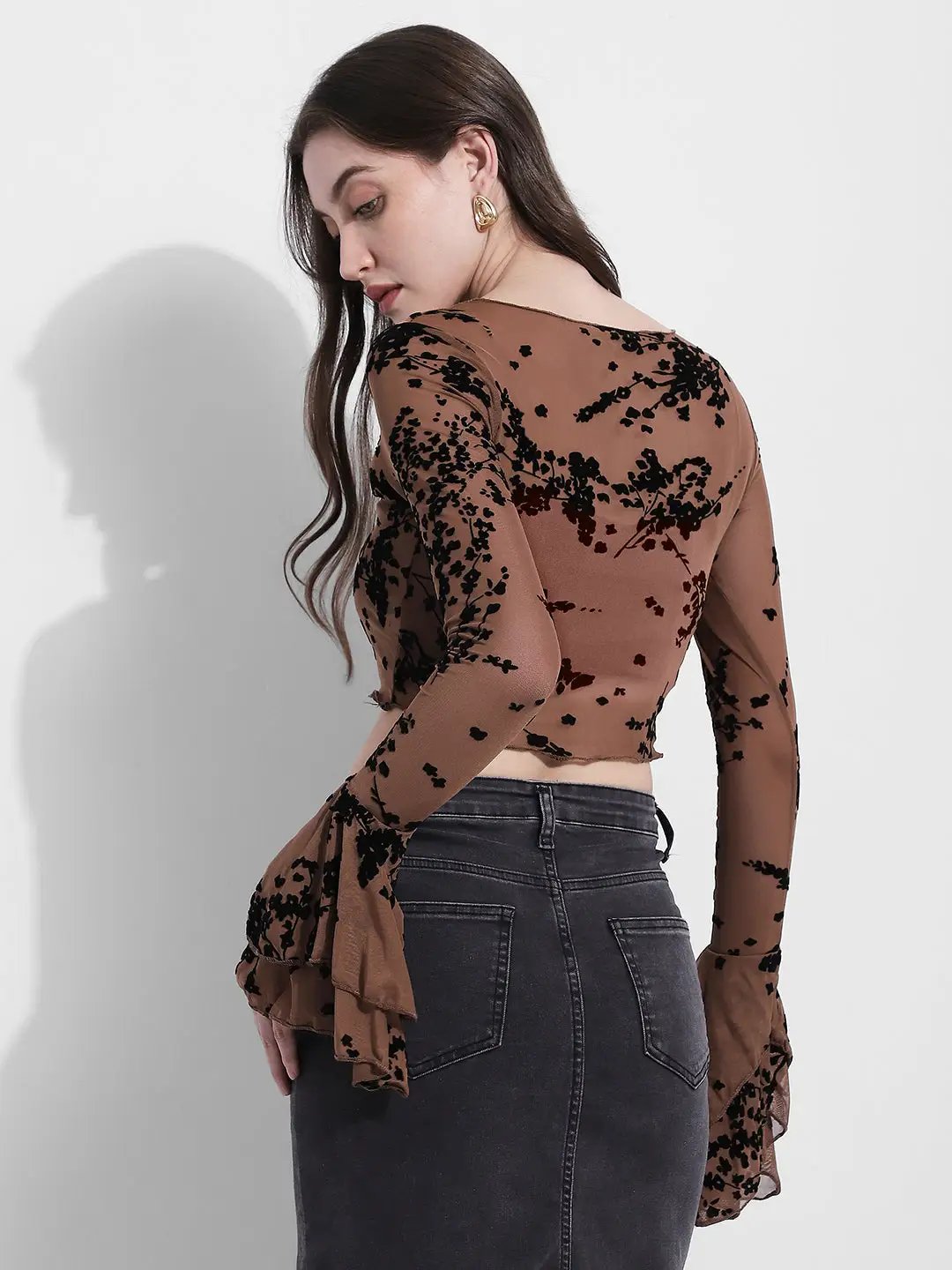 Women's Brown Floral Flocked Bell Sleeve Mesh Top - from SHOWOFFFF