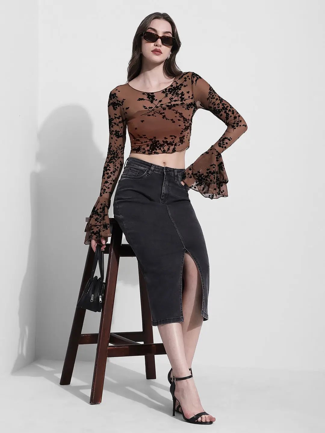 Women's Brown Floral Flocked Bell Sleeve Mesh Top - from SHOWOFFFF