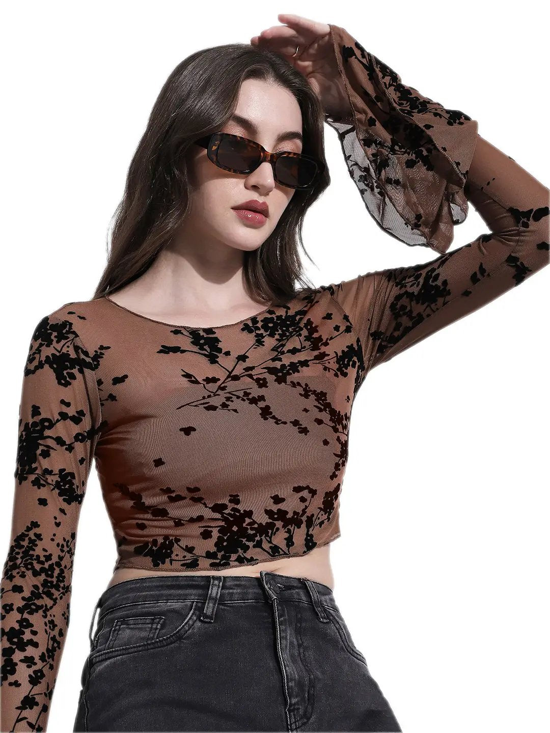 Women's Brown Floral Flocked Bell Sleeve Mesh Top - from SHOWOFFFF