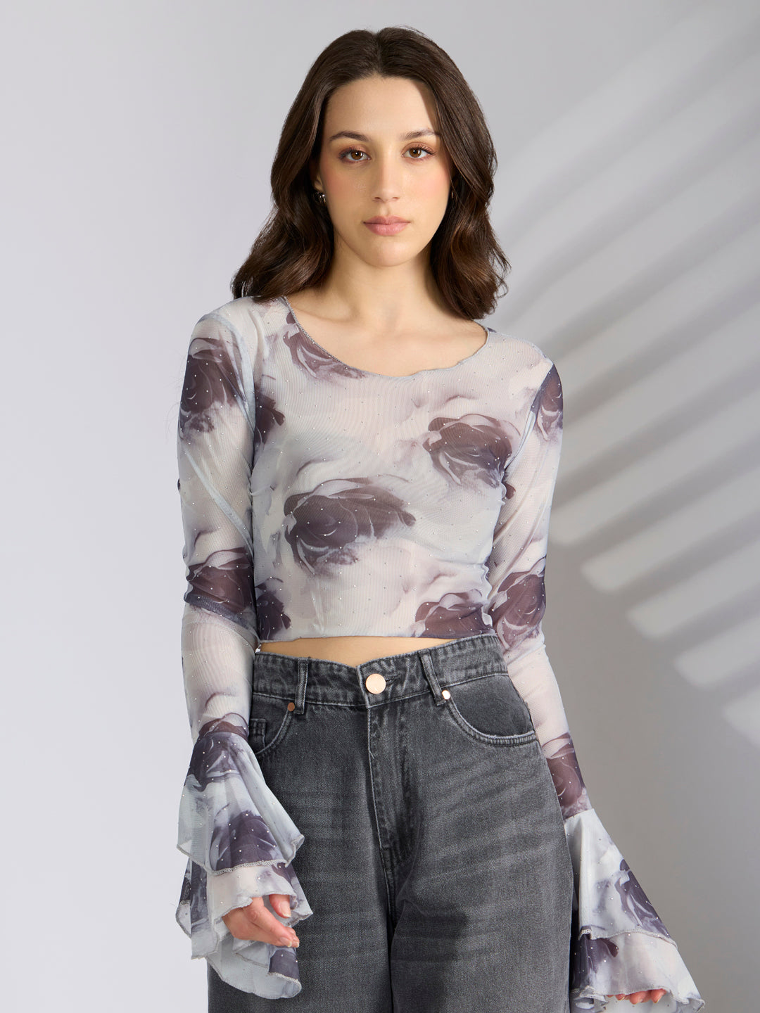 Women's Floral Grey Sheer Mesh Crop Top with Long Sleeve Ruffle Cuff