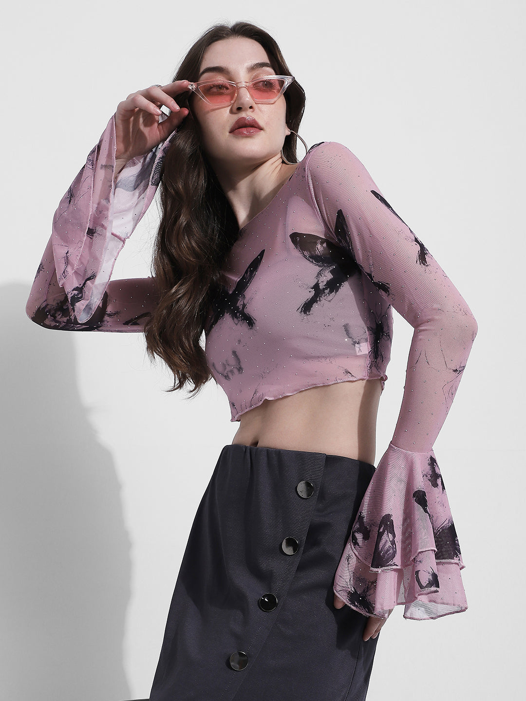 Women's Printed Mauve Bell Sleeve Mesh Top