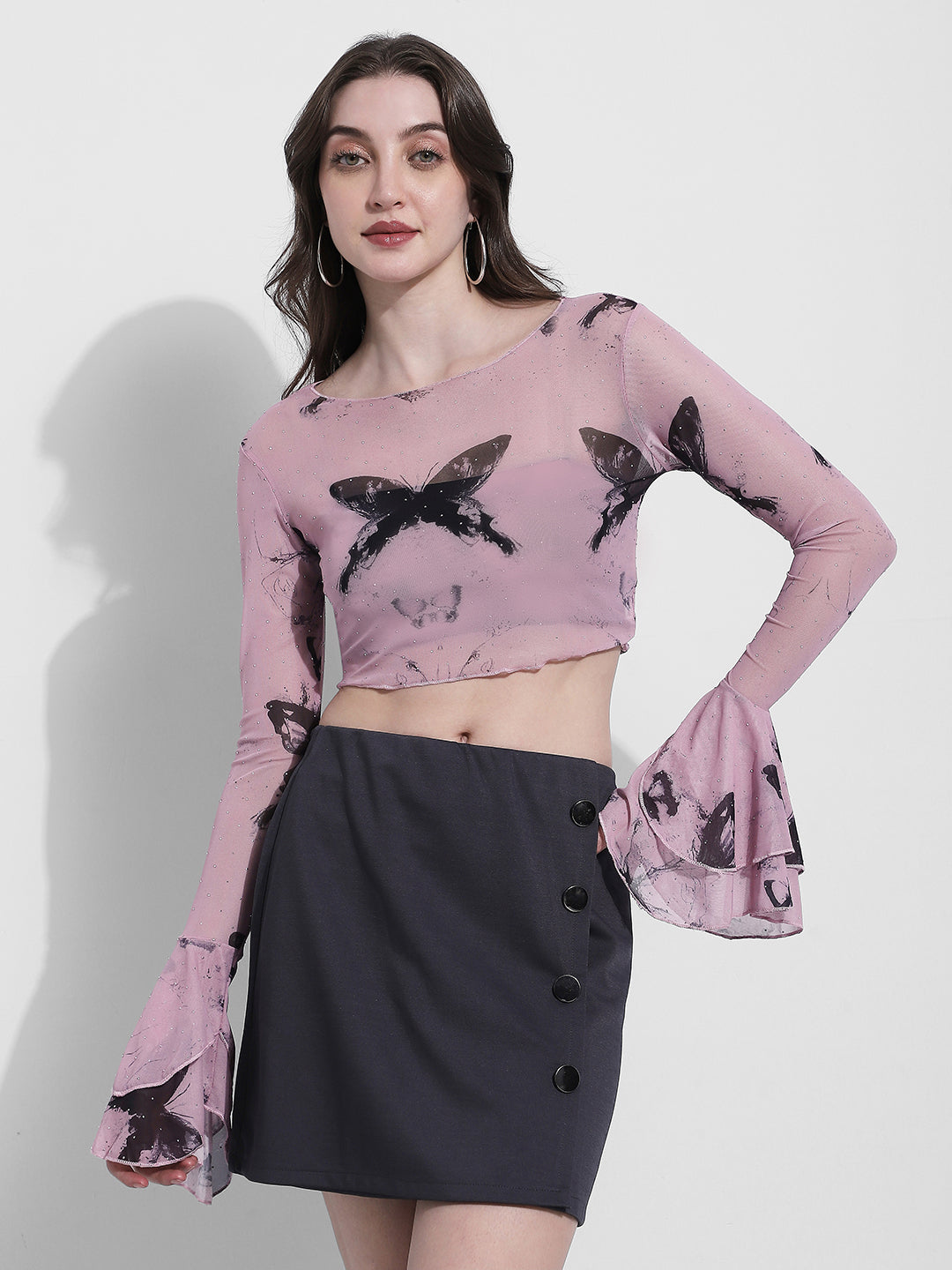 Women's Printed Mauve Bell Sleeve Mesh Top