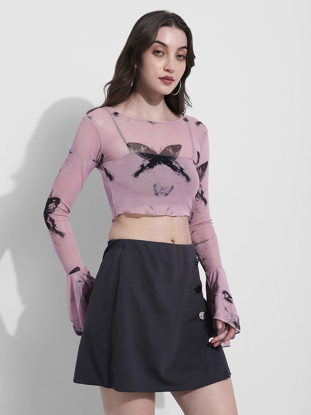 Women's Printed Mauve Bell Sleeve Mesh Top