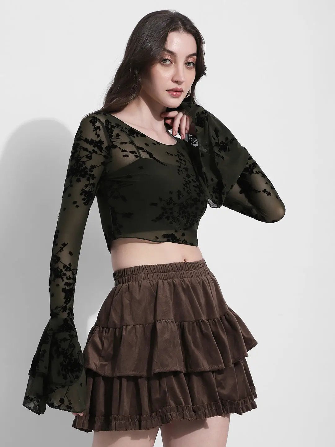 Women's Olive Floral Flocked Bell Sleeve Mesh Top - from SHOWOFFFF