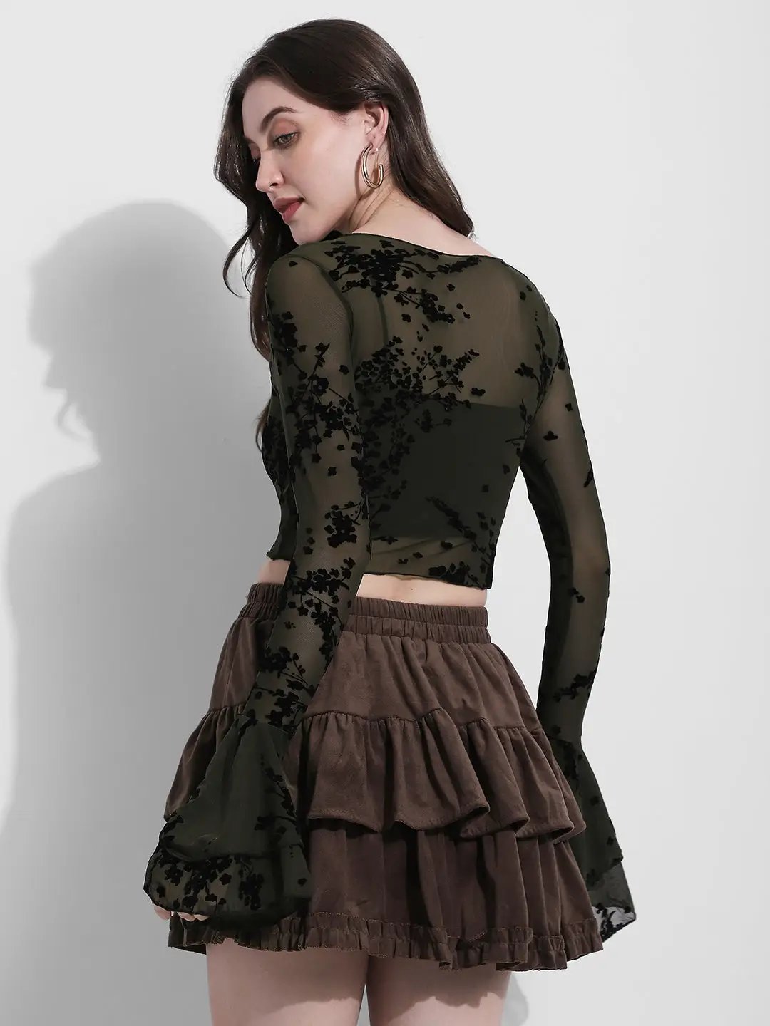 Women's Olive Floral Flocked Bell Sleeve Mesh Top - from SHOWOFFFF