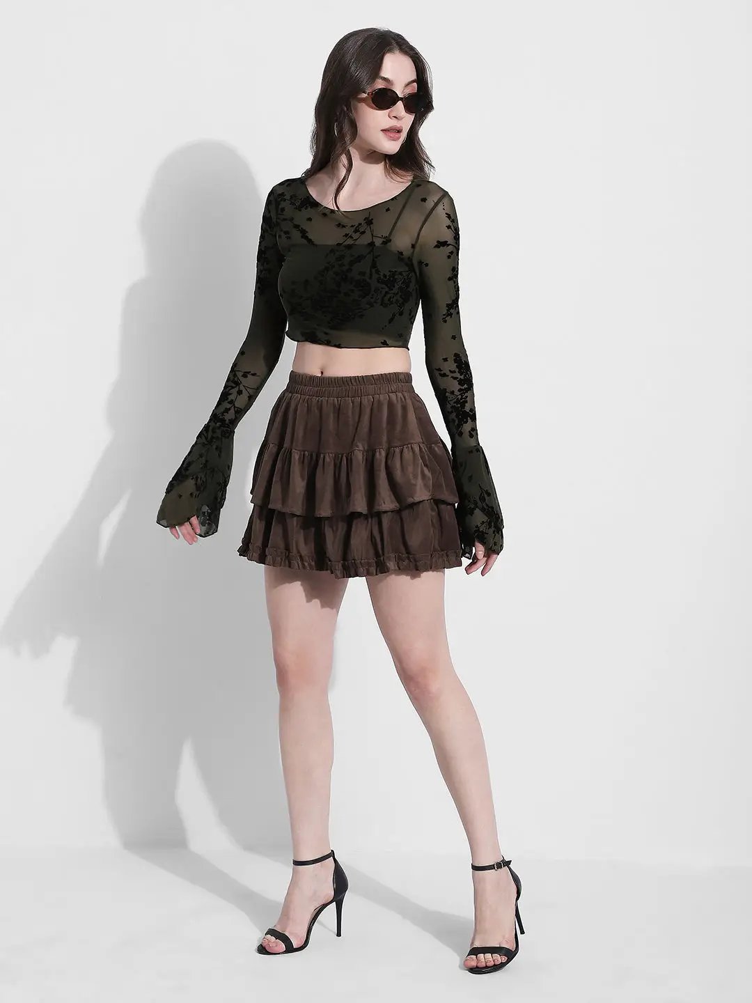 Women's Olive Floral Flocked Bell Sleeve Mesh Top - from SHOWOFFFF