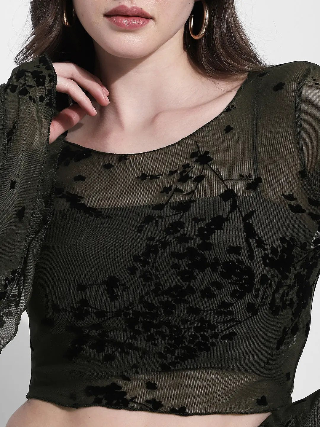 Women's Olive Floral Flocked Bell Sleeve Mesh Top - from SHOWOFFFF