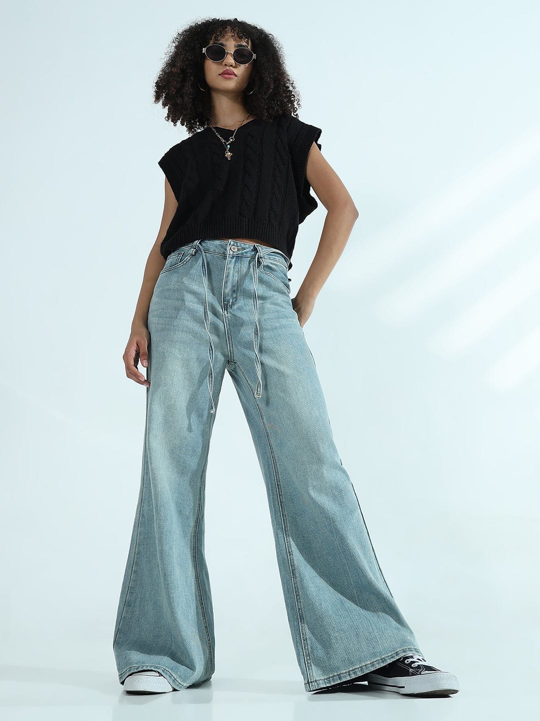 Women's Blue Wide-Leg Flare Jeans with Drawstring