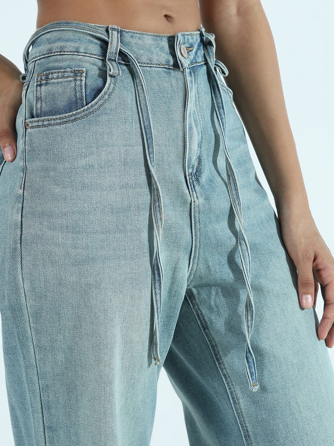 Women's Blue Wide-Leg Flare Jeans with Drawstring