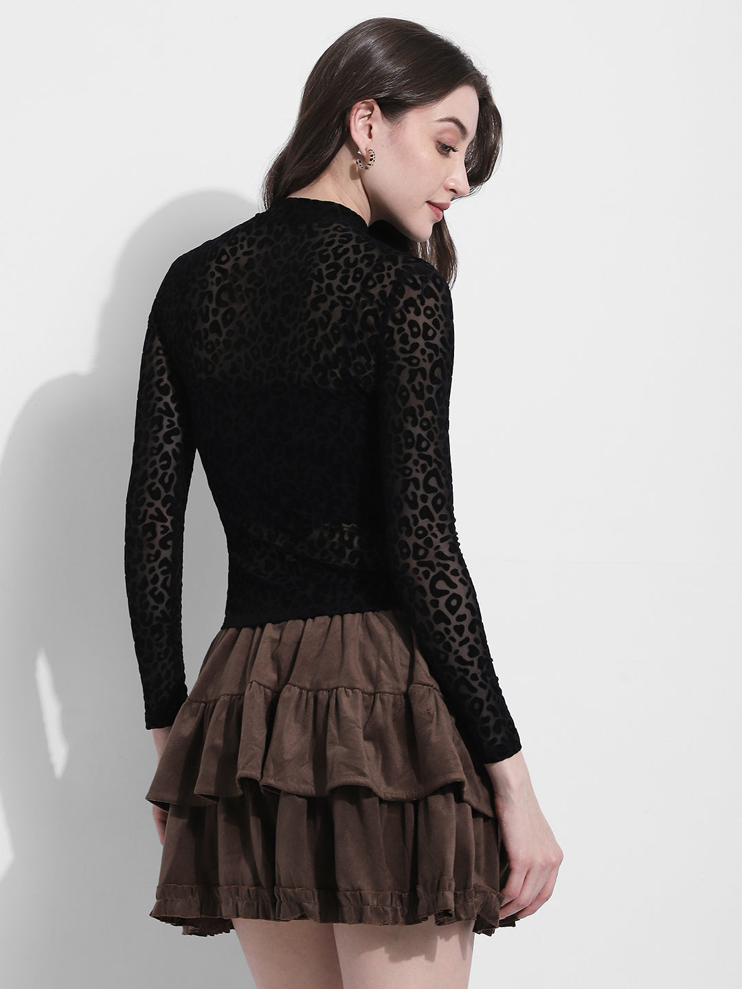 Women's Printed Black Sheer High Neck Mesh Top