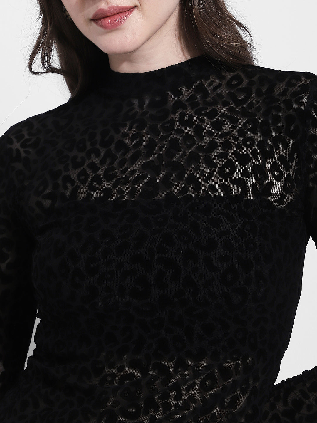 Women's Printed Black Sheer High Neck Mesh Top