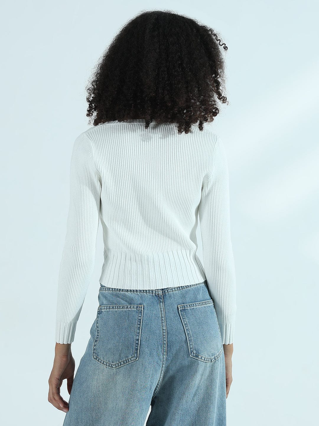 Women's Ribbed White Round Neck Fitted Top