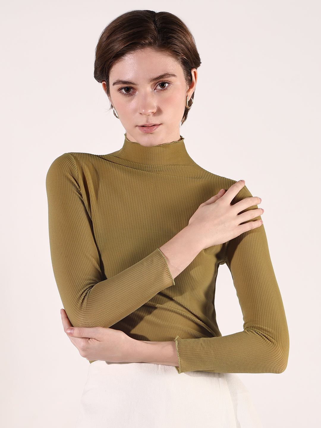 Women Olive Solid Fitted Top