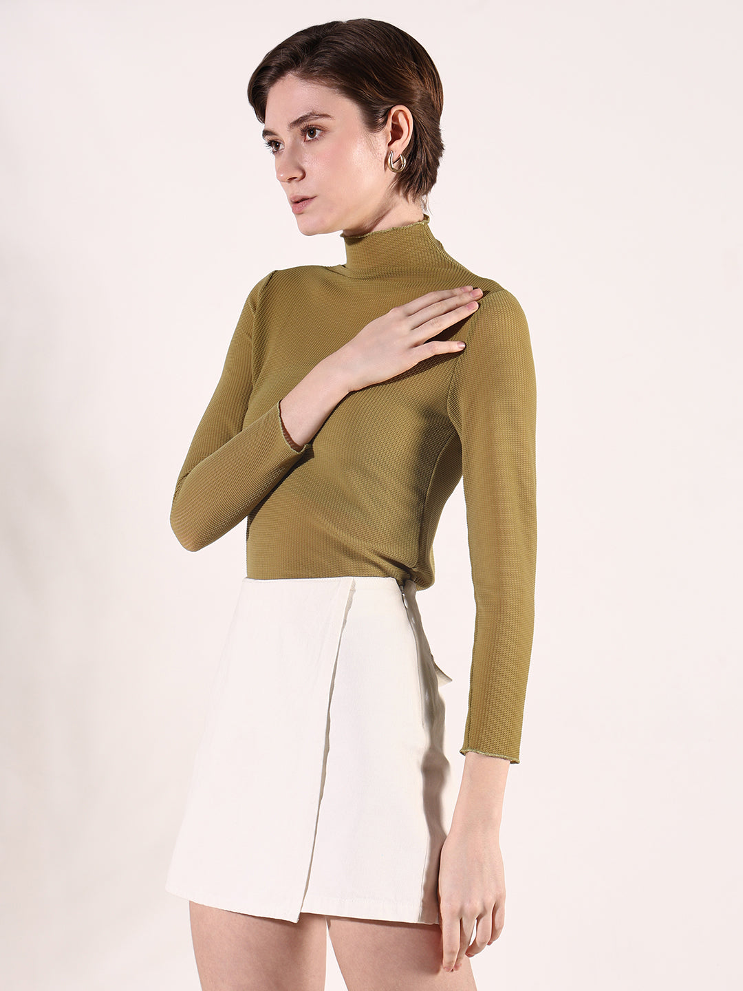 Women Olive Solid Fitted Top