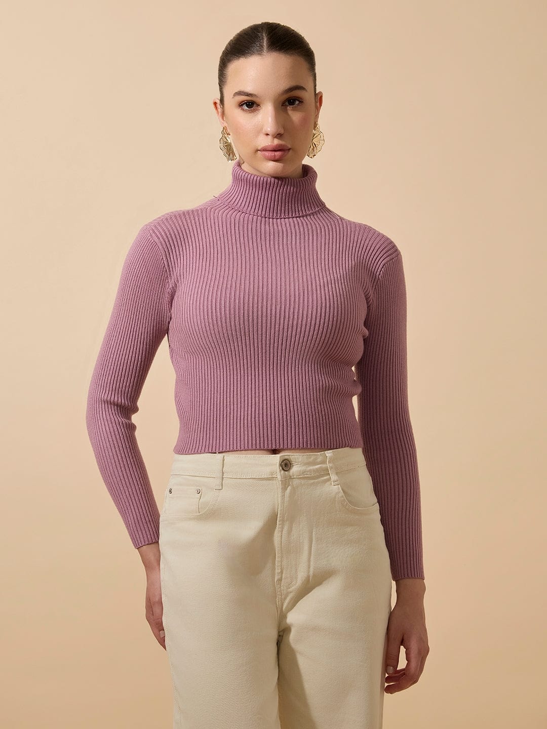 Women's Ribbed Purple Turtleneck Full Sleeves Top