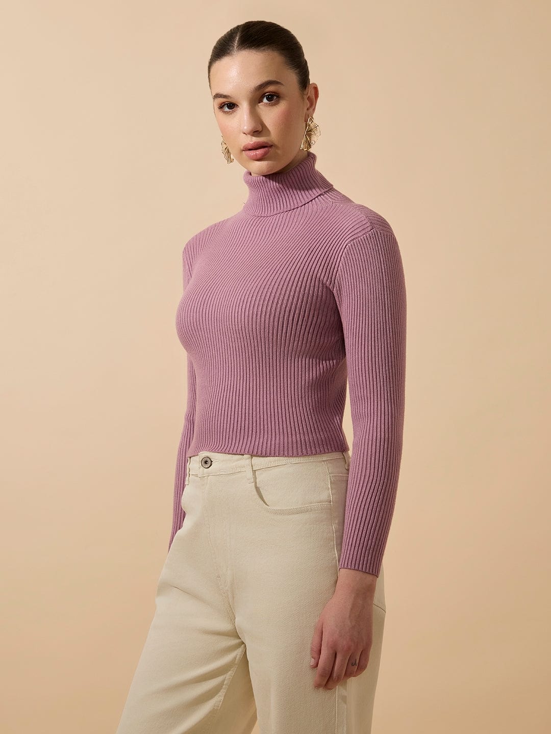 Women's Ribbed Purple Turtleneck Full Sleeves Top