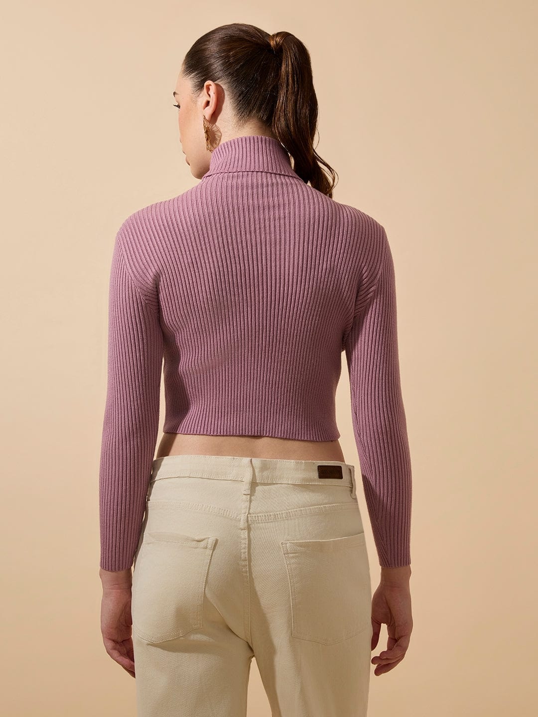 Women's Ribbed Purple Turtleneck Full Sleeves Top