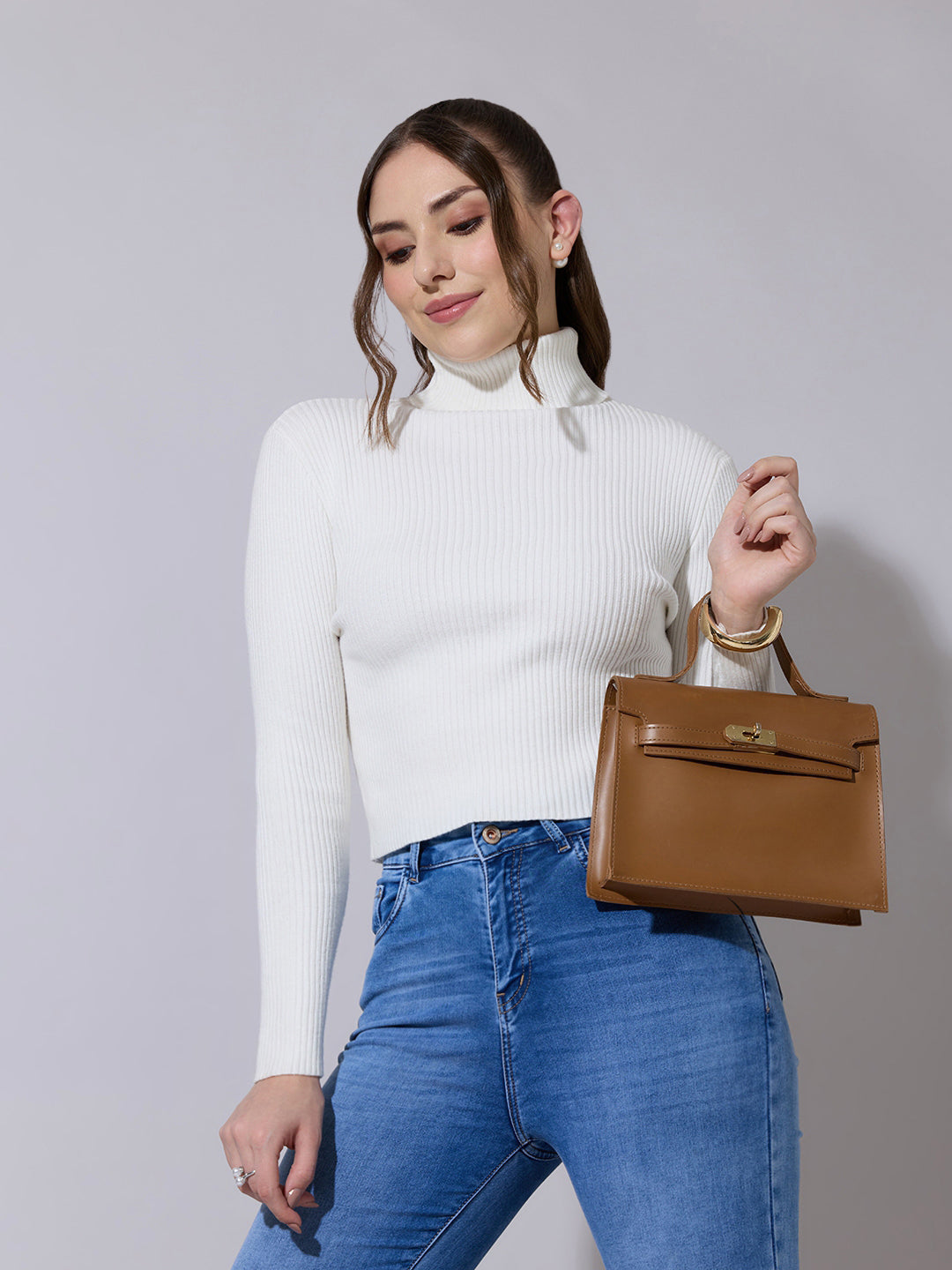 Women's Ribbed White High-Neck Full Sleeve Top