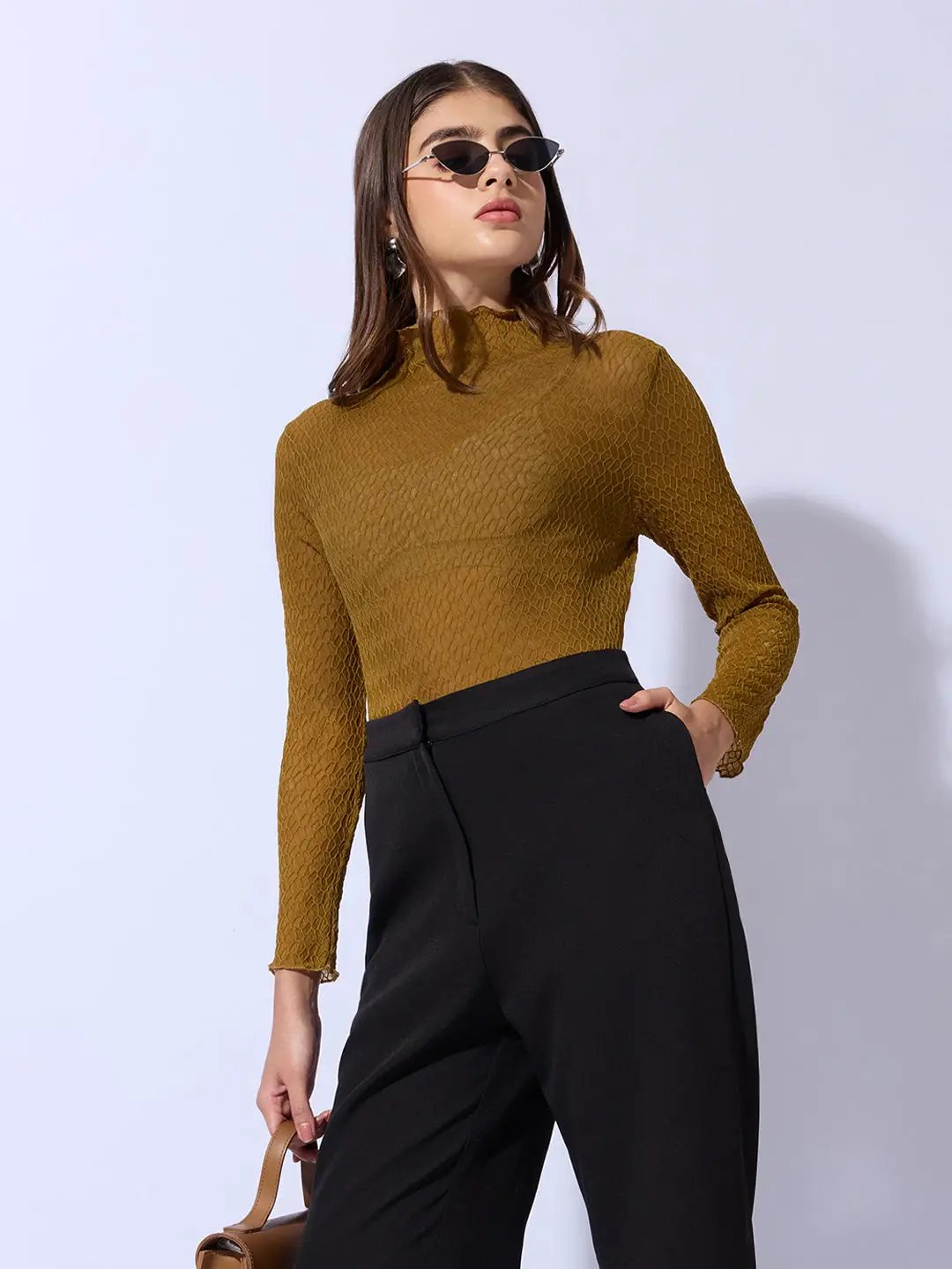 Women's Olive Self Design High Neck Top