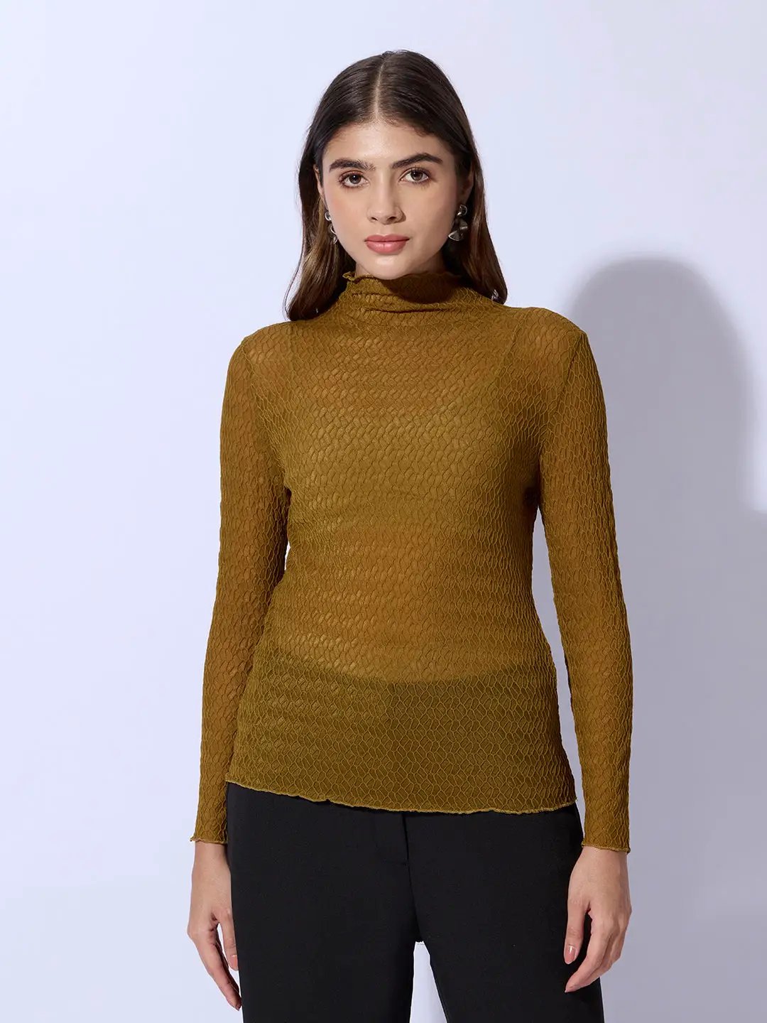 Women's Olive Self Design High Neck Top