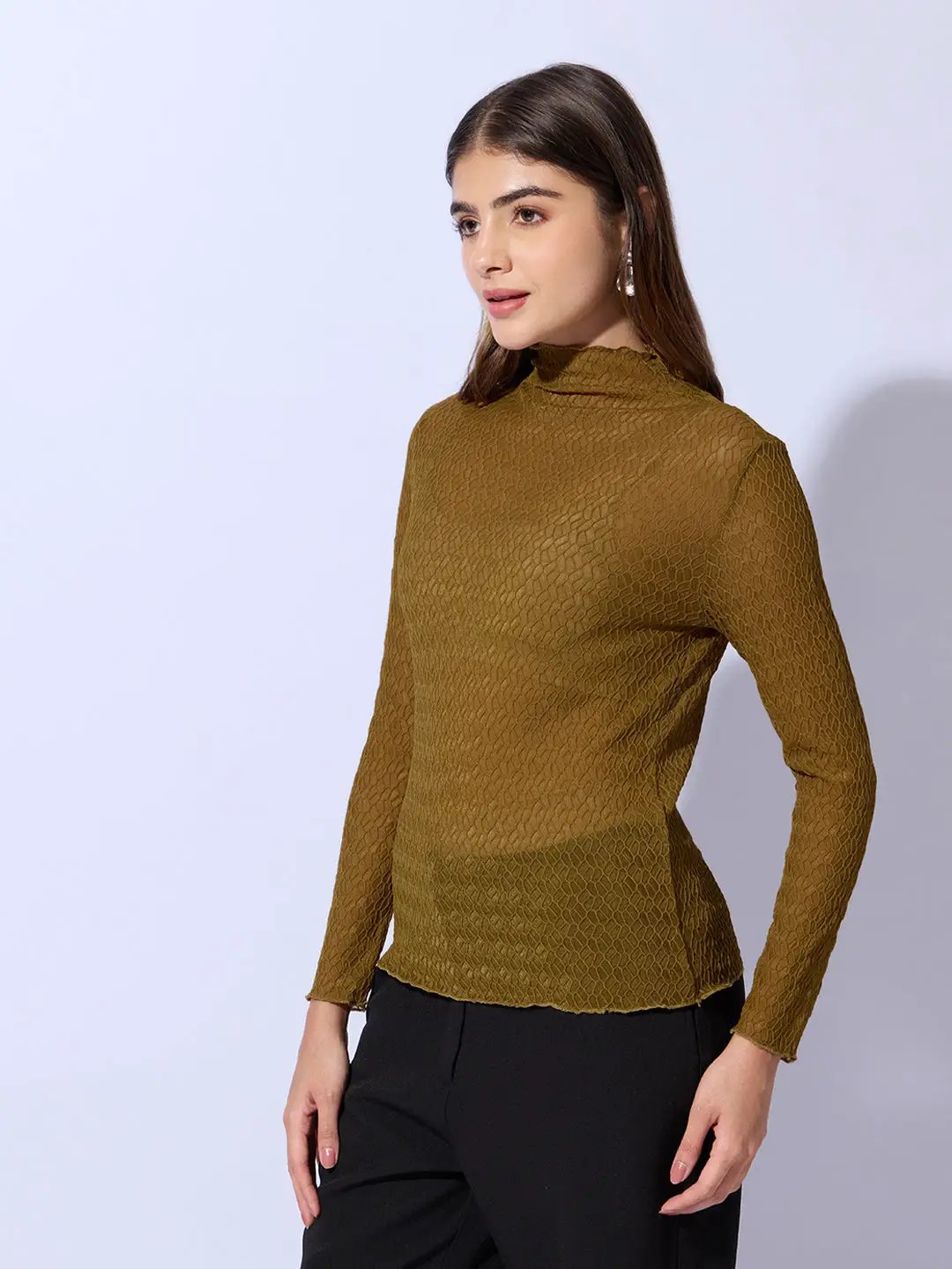 Women's Olive Self Design High Neck Top