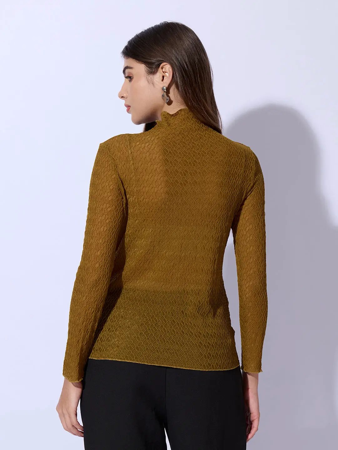Women's Olive Self Design High Neck Top