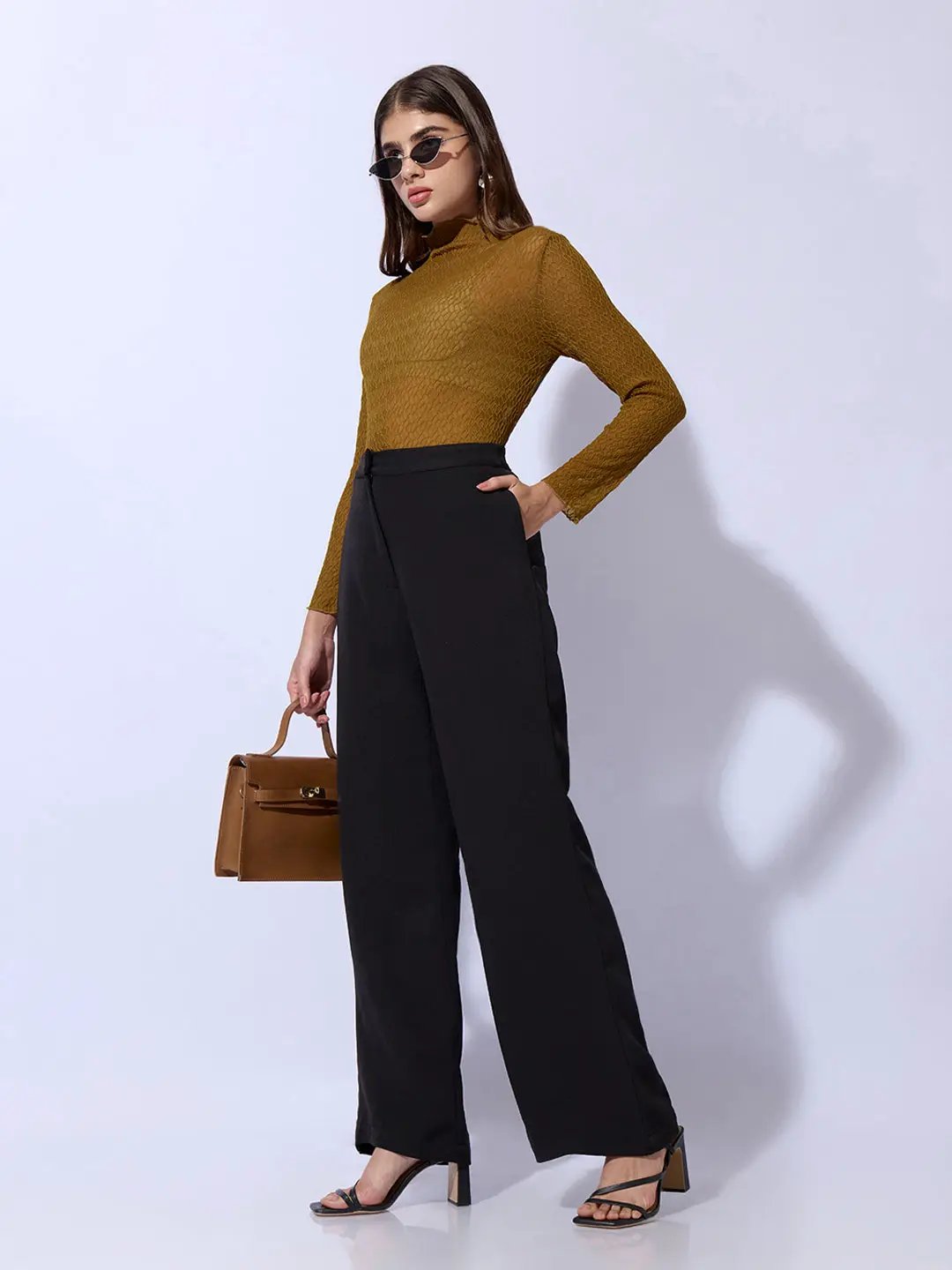 Women's Olive Self Design High Neck Top