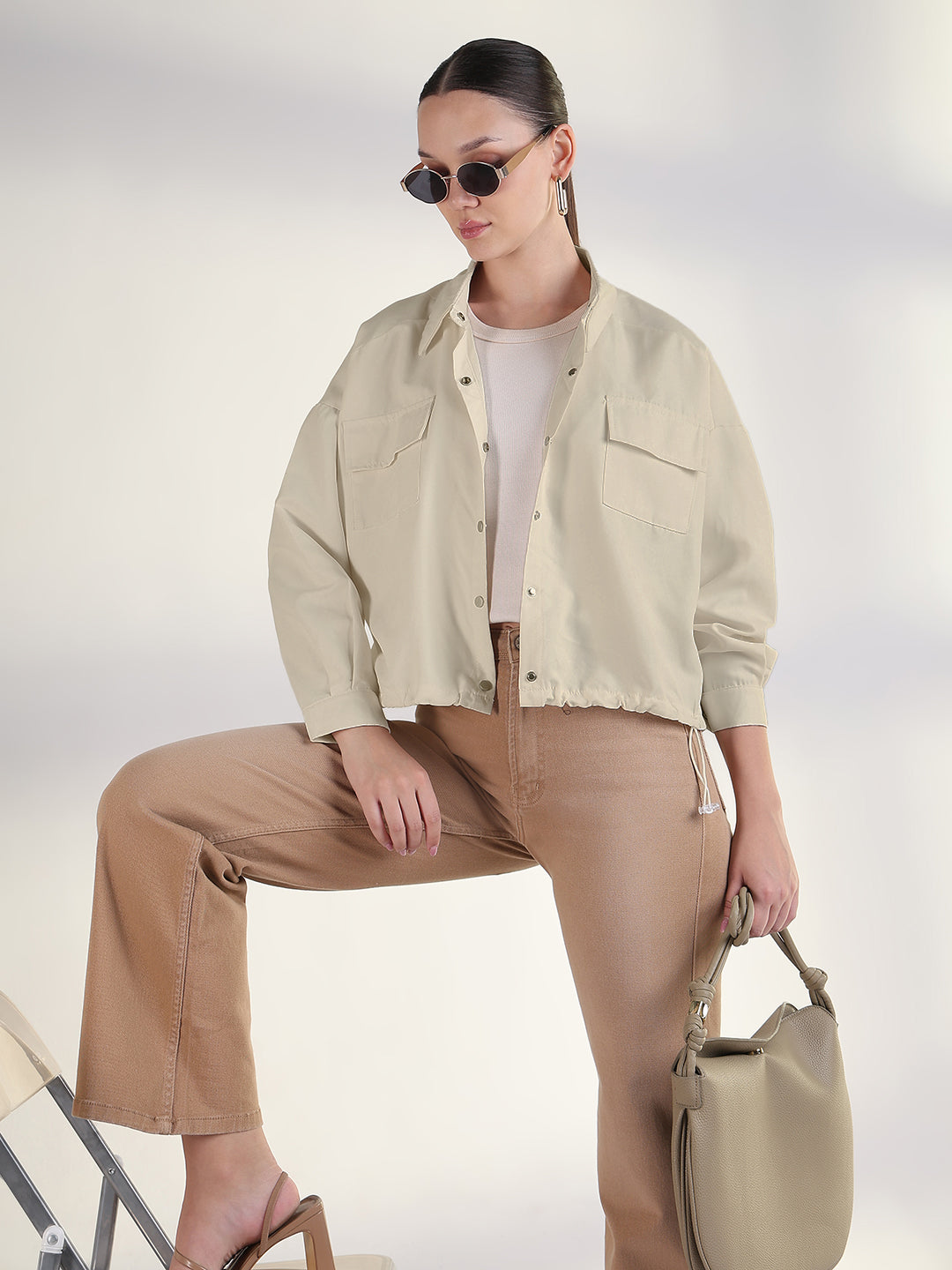 Women's Solid Beige Spread Collar Tailored Jacket