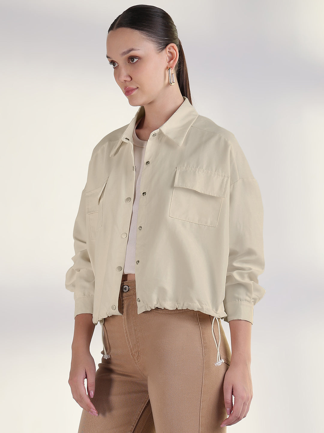 Women's Solid Beige Spread Collar Tailored Jacket