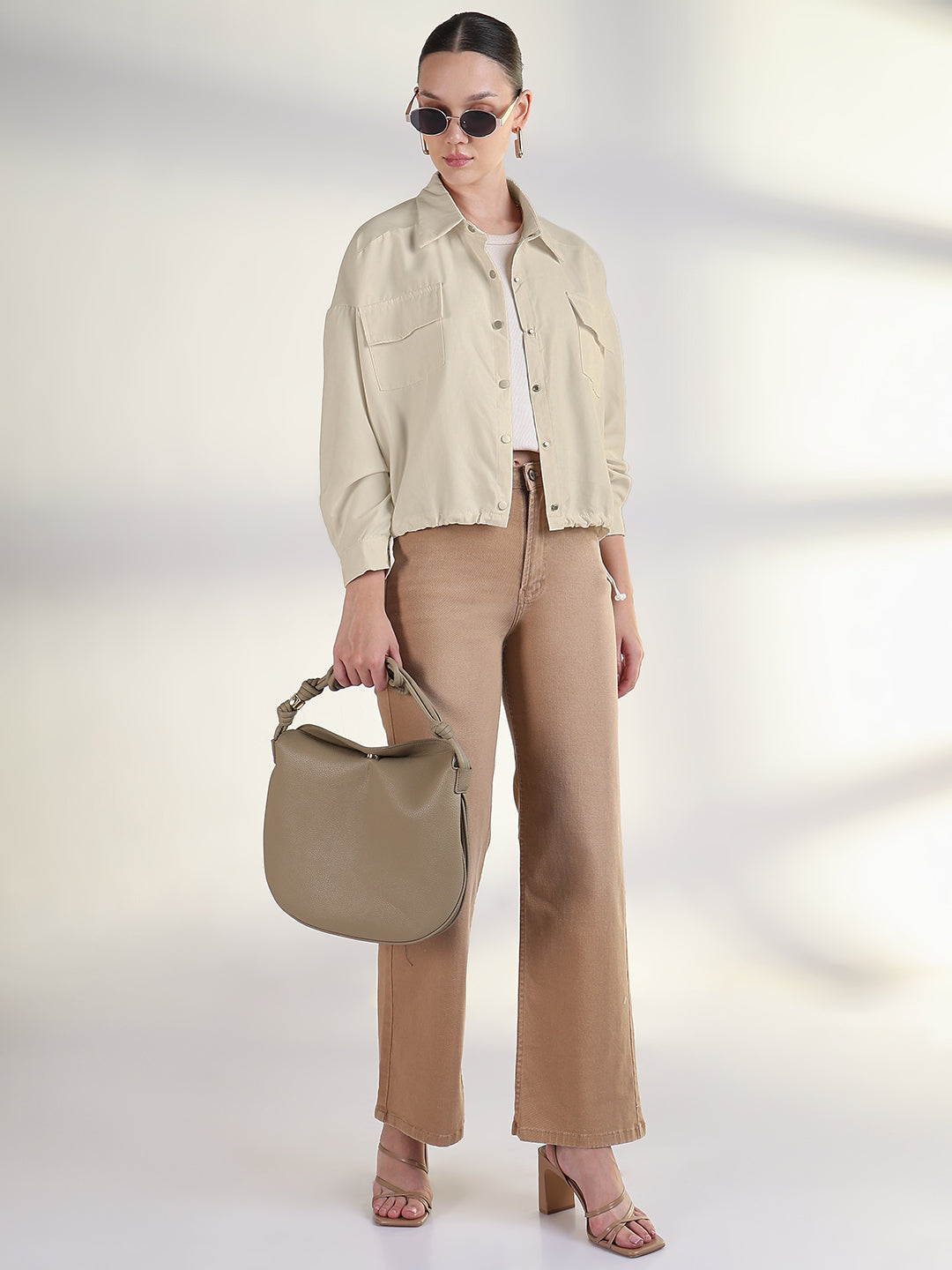 Women's Solid Beige Spread Collar Tailored Jacket