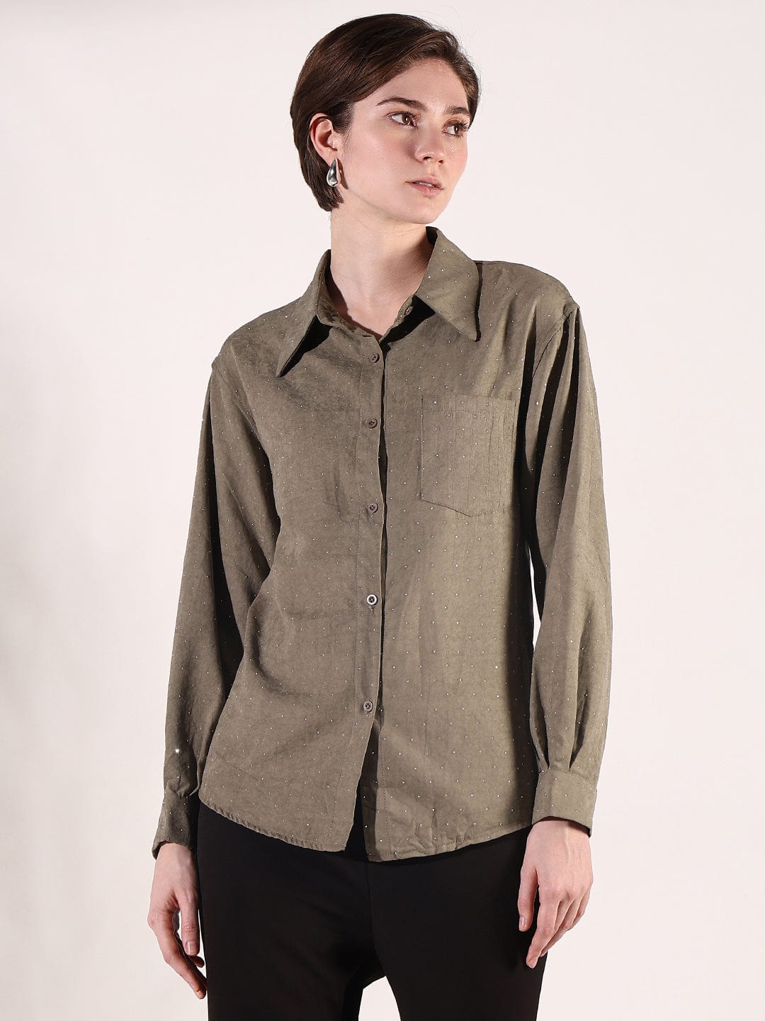 Women's Olive Relaxed Fit Shirt with Embellished Studs