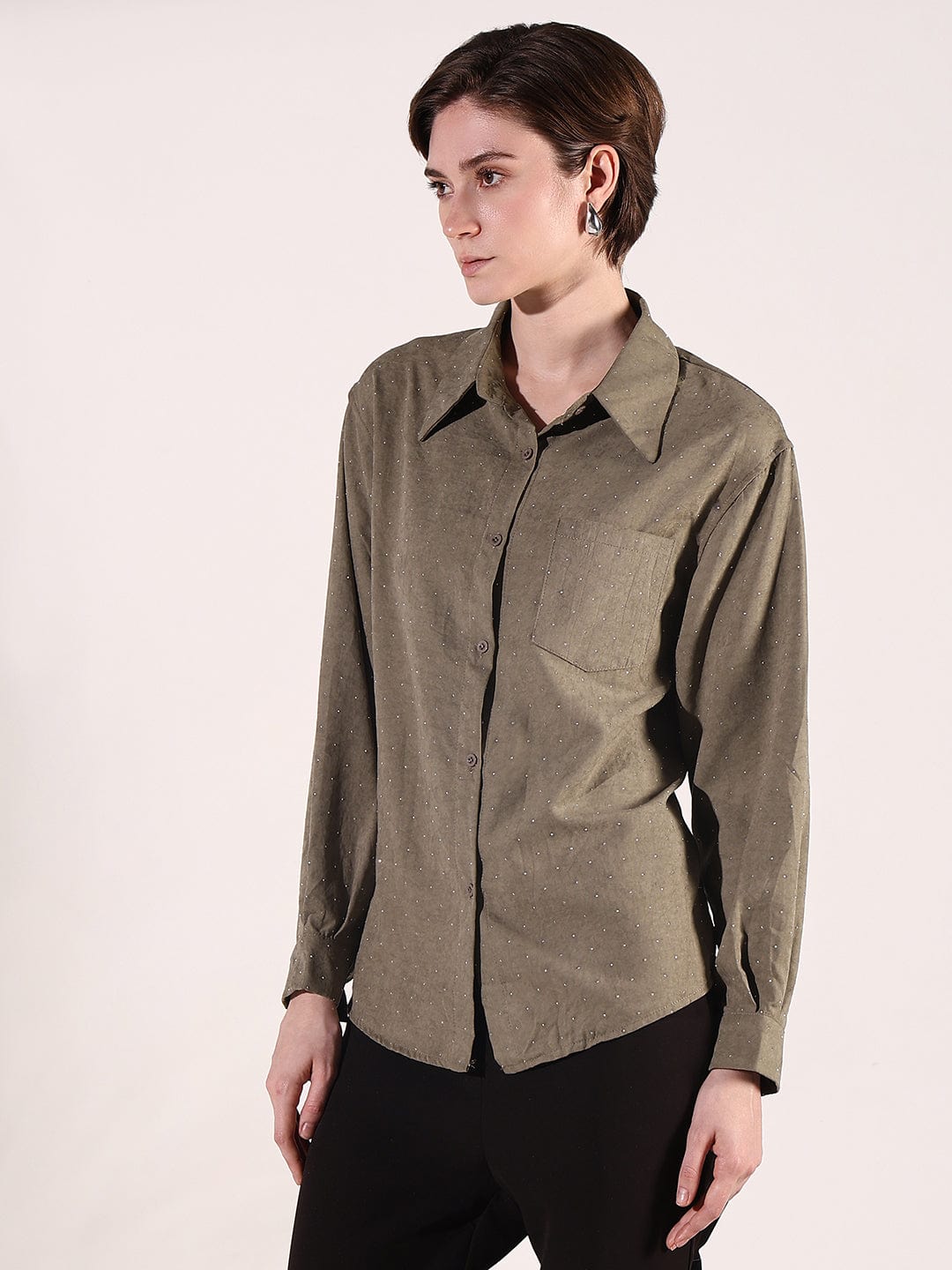 Women's Olive Relaxed Fit Shirt with Embellished Studs