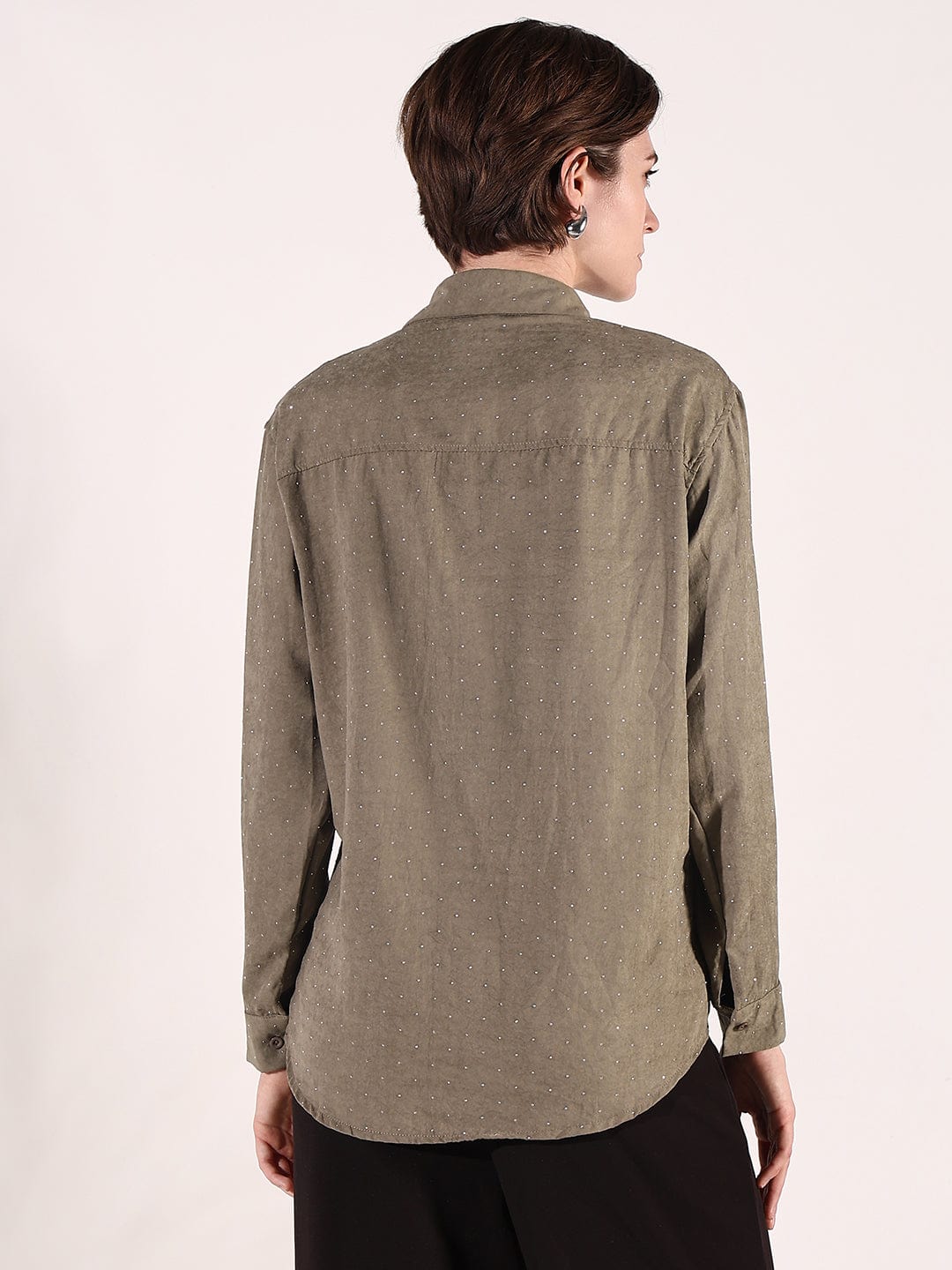 Women's Olive Relaxed Fit Shirt with Embellished Studs